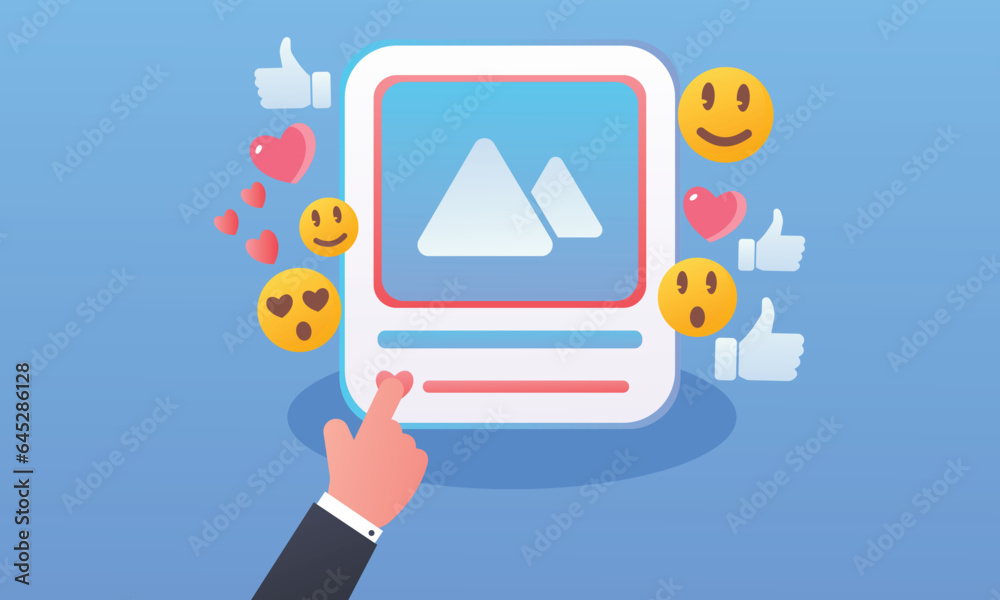 social media post social media posts at hand pushing button icon.on blue background.Vector Design Illustration.