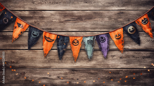 Halloween Garland Bunting Flat Lay with Spooky Pumpkin and Holiday Designs - On Light, Worn Wooden Background in Farmhouse Aesthetic - With Copy Space