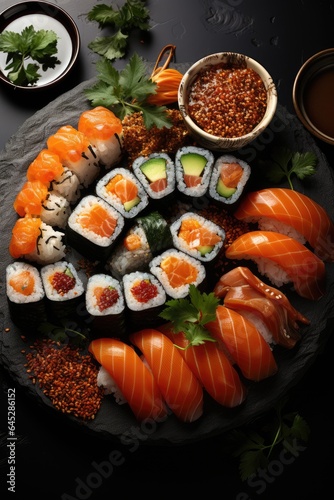 Top view of rolls and sushi set dark concrete background. Generative AI