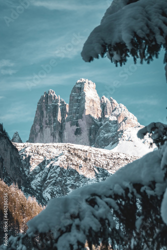 View to the Tre Cime di Lavaredo in the Dolomites, Italy