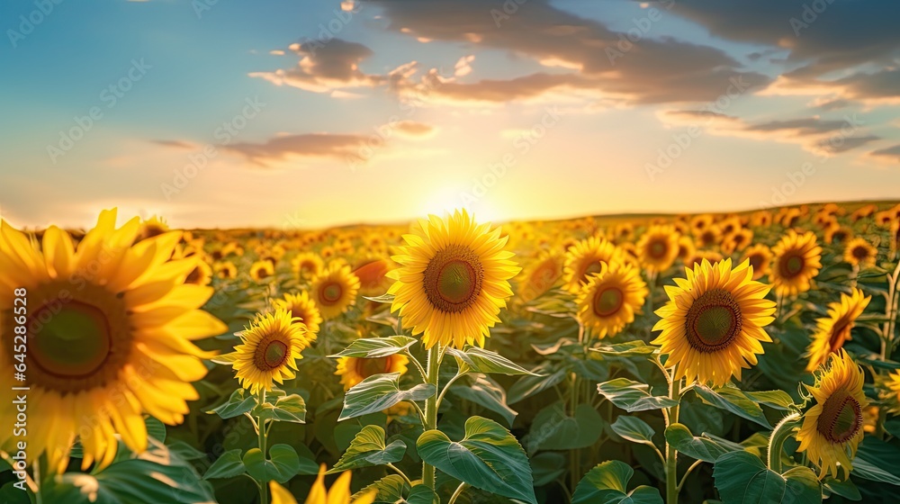 Blooming sunflower field, with one sunflower taller than the rest