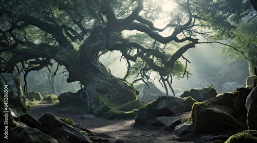 Ancient gnarled tree in a mystic forest, emphasizing age and resilience