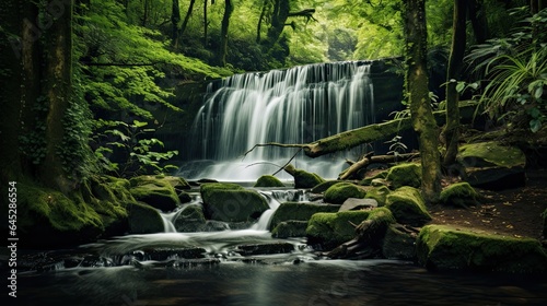 Cascading waterfall hidden within a lush forest, capturing the dynamic flow of water