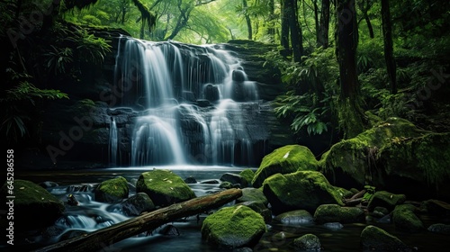 Cascading waterfall hidden within a lush forest  capturing the dynamic flow of water