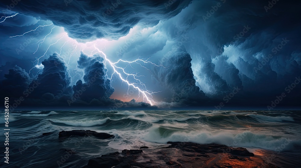 Raging thunderstorm over the ocean, capturing the power of nature
