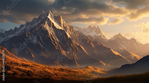 Mountain range during sunrise, emphasizing the play of light and shadows across the peaks