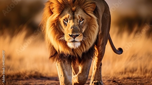 Majestic lion prowling the savannah, emphasizing its dominant presence © Filip