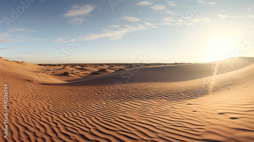 Rolling sand dunes under a scorching sun, showcasing the waves of sand