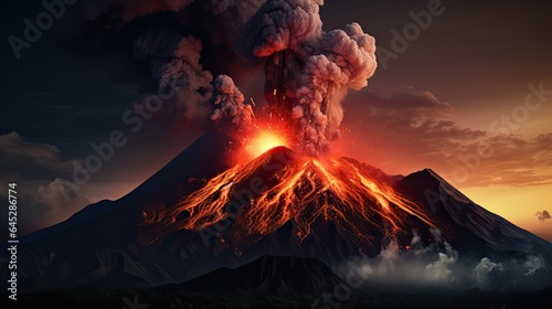 Volcano erupting with molten lava flowing, capturing nature's fury