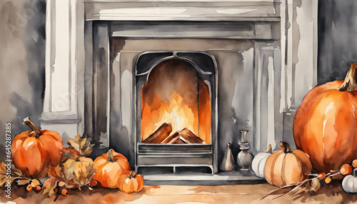 Autumn harvest fireplace with pumpkins painting watercolor style