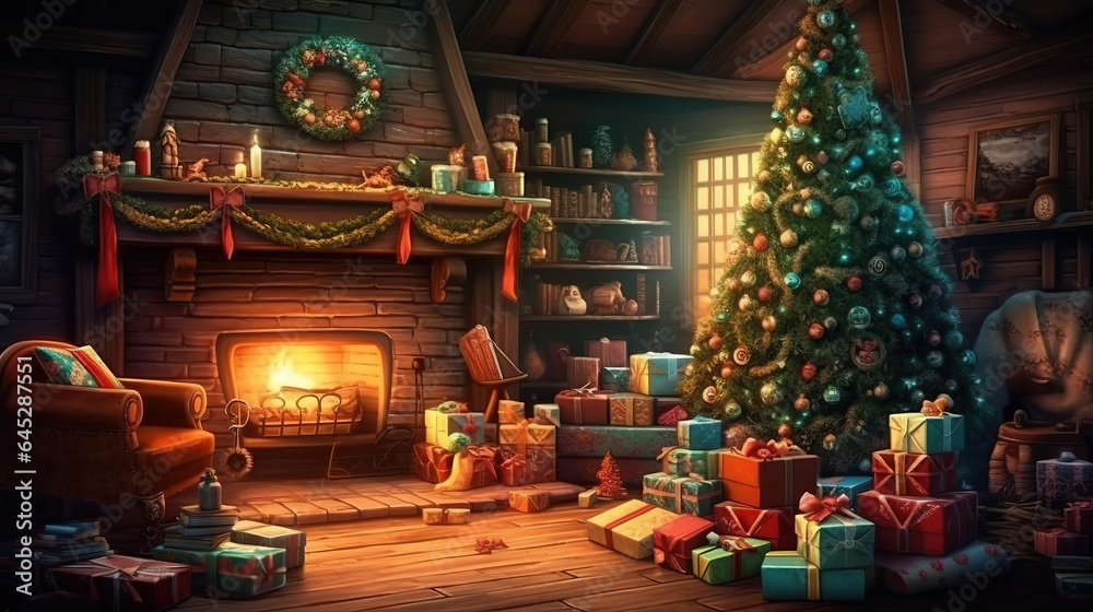 Christmas interior with tree, presents and fireplace, Bright color. Generative Ai