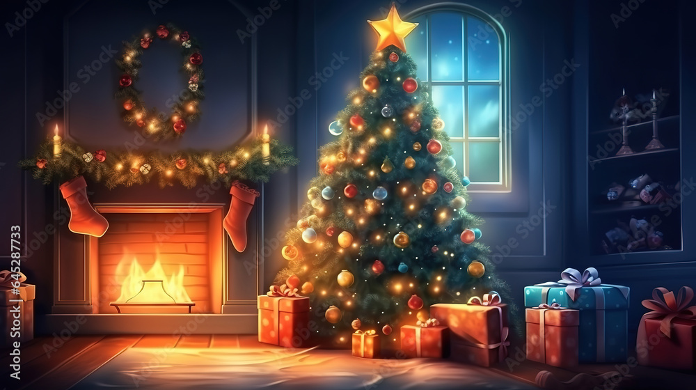 Decorated christmas cozy home with pet and fireplace winter holiday interior. Generative Ai