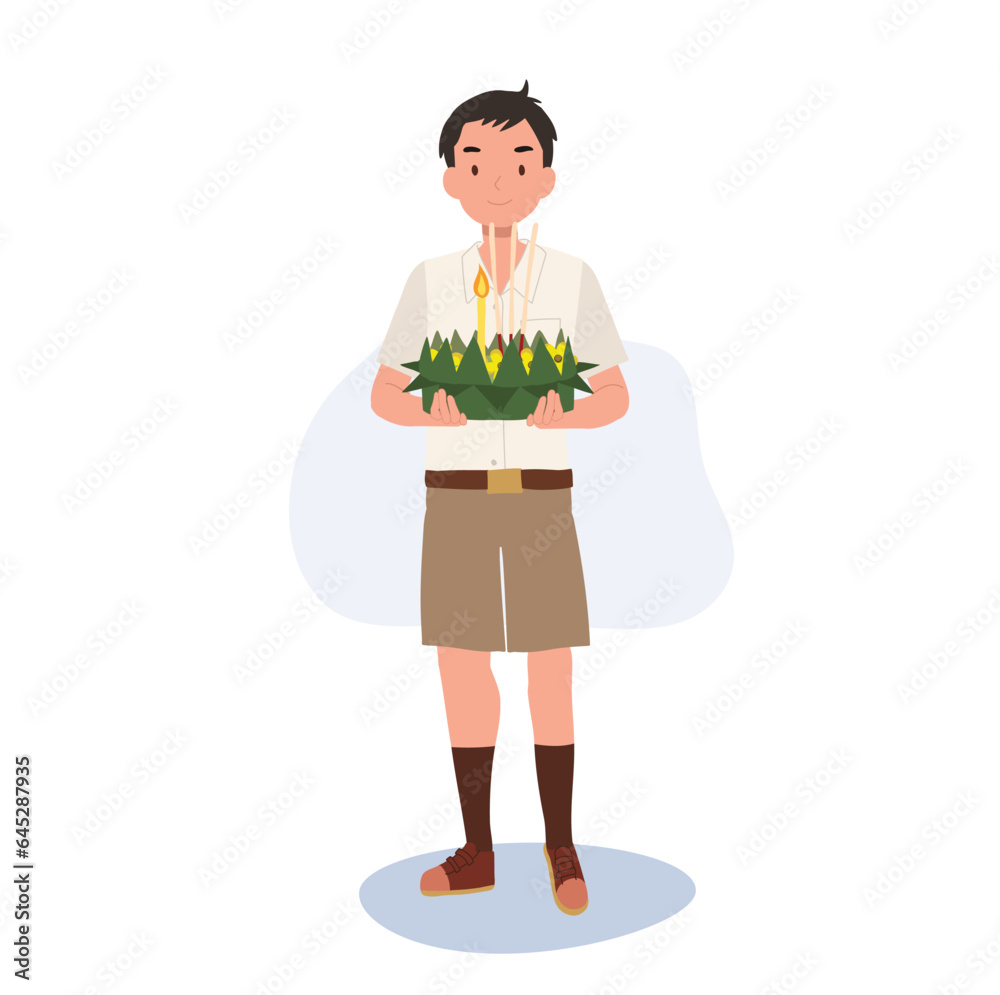 Thai Krathong Festival Illustration. Thai Student boy holding Krathong. Loy Krathong Traditional Festival in Thailand Thai Krathong Festival Illustration. Thai Student boy holding Krathong. Loy Krathong Traditional Festival in Thailand