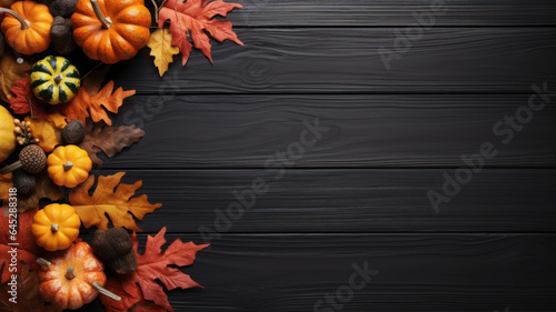 Festive Autumn Decor on Black Wooden Background  Pumpkin aand Leaves on Dark Wood