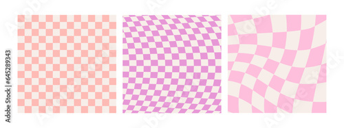 Groovy checkered seamless patterns, vintage aesthetic backgrounds, psychedelic checkerboard texture. Funky hippie fashion textile print, retro background with distorted grid tile vector pattern set