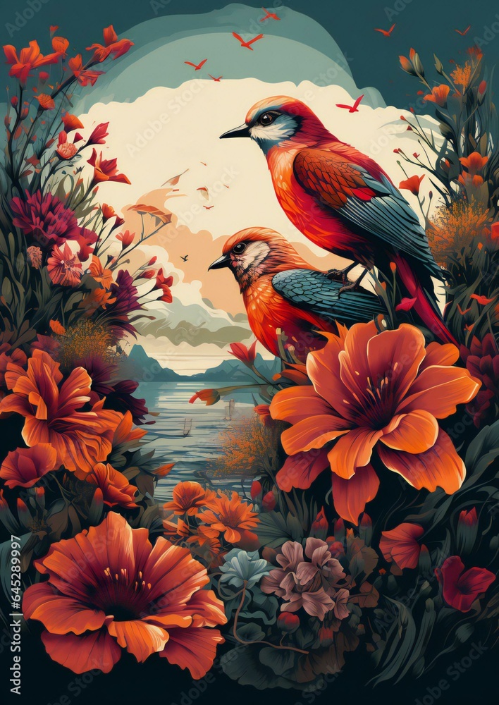 Fototapeta premium poster with birds and flowers illustration