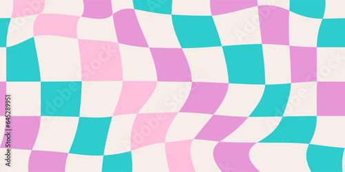 Colorful distorted checkerboard background. Retro psychedelic checkered wallpaper. Wavy groovy chessboard surface. Trippy twisted geometric pattern. Abstract vector backdrop