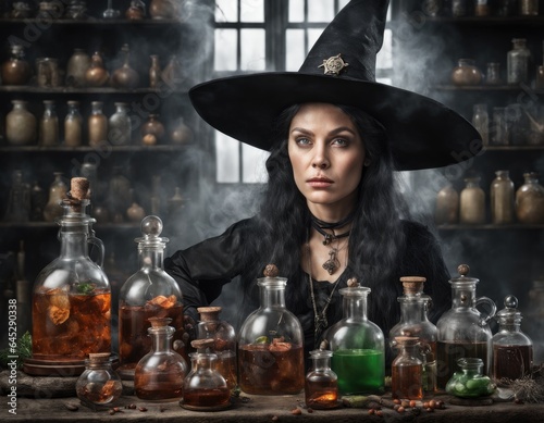 Portrait of a woman witch in dima with potions. AI illustration photo