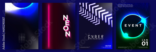 Set of Neon Techno Poster Templates. Abstract glowing geometrical shapes on dark gradient backgrounds. Techno Neon Theme. Vector Illustration. 