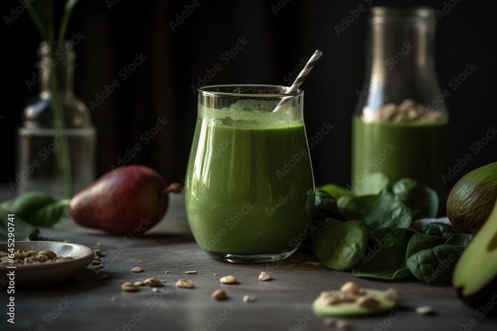 Green vegan smoothie in a clear glass cup Green vegan smoothie in a clear glass cup