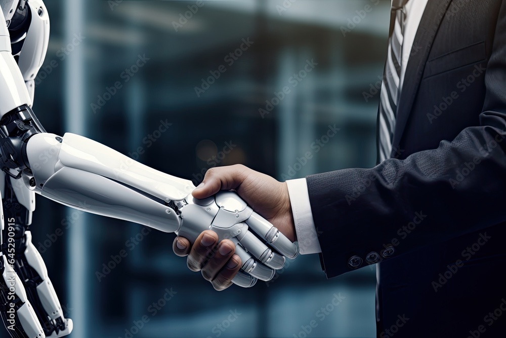 Business handshake between robot and human partners or friends. Human ...