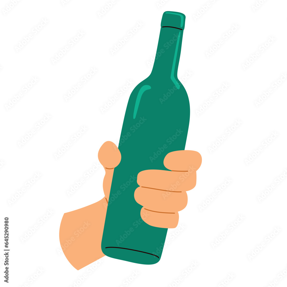 Vector illustration of male hand holding a full beer open bottle. Cheers toast isolated on white background Vector illustration of male hand holding a full beer open bottle. Cheers toast isolated on white background