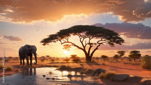 Landscape of Africa with elephants at sunset 