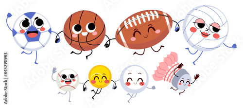 Set collection of sport ball cartoon character mascot running together. Flat vector illustration isolated on white background