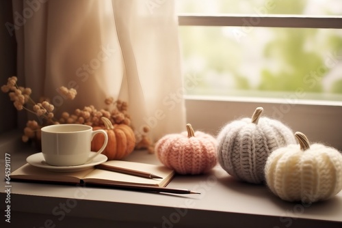 Cosy and soft winter  autumn  fall background  knitted decor and books on an windowsill. Christmas  thanksgiving holidays at home  calmness closeup. generative ai.