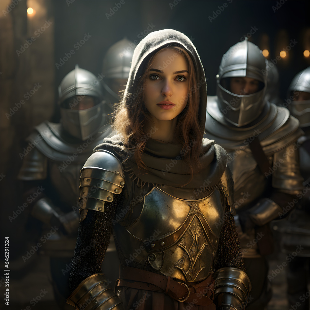 Mulher branca com traje de batalhae medieval olhando diretamente para a camer semblante serio
