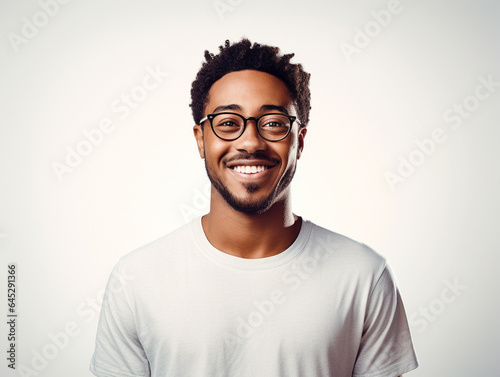 A beaming Black man with glasses, photographed against a simple white background.