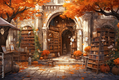 Autumn bookshop, watercolor style