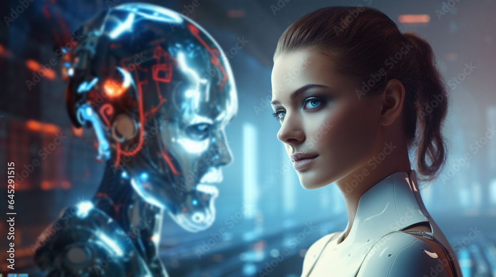 An image of a futuristic AI android robot alongside a female cyborg, showcasing advanced technology and the concept of AI chatbot ChatGPT. An image of a futuristic AI android robot alongside a female cyborg, showcasing advanced technology and the concept of AI chatbot ChatGPT.