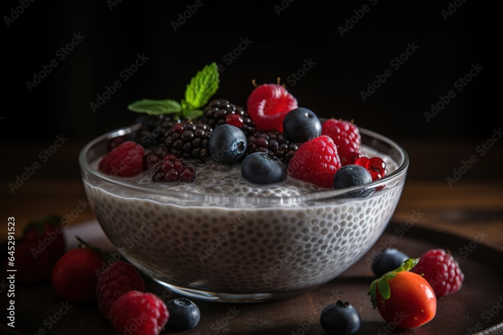 A photograph of a bowl of creamy coconut chia pudding A photograph of a bowl of creamy coconut chia pudding