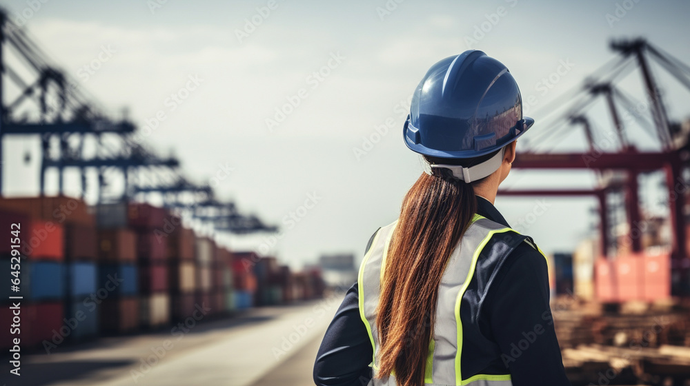 A female civil engineer, wearing a helmet, reviews drawings at a harbor's container terminal, seen from behind with a blurred background. A female civil engineer, wearing a helmet, reviews drawings at a harbor's container terminal, seen from behind with a blurred background.