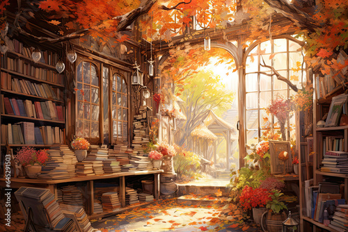 Autumn bookshop, watercolor style photo