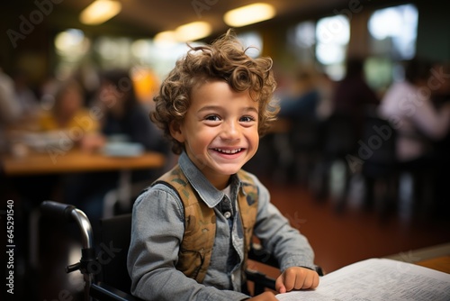 Boy in wheelchair studying in classroom. Generative AI © Marcela Ruty Romero