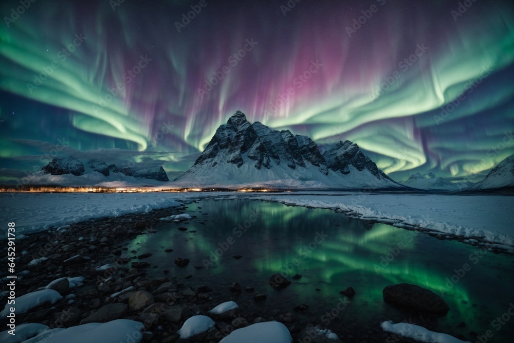 Aurora borealis over the mountains in winter, Iceland.