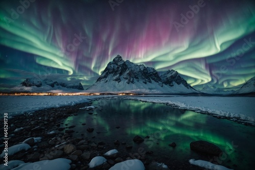 Aurora borealis over the mountains in winter, Iceland.