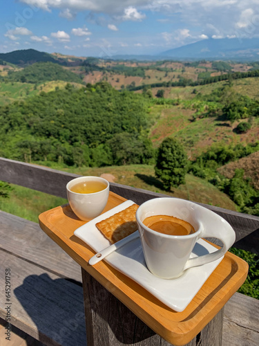 Hot regular coffee served in white ceramic cup with cracker baked biscuit and hot tea on wooden tray with green forest mountain blue sky background.