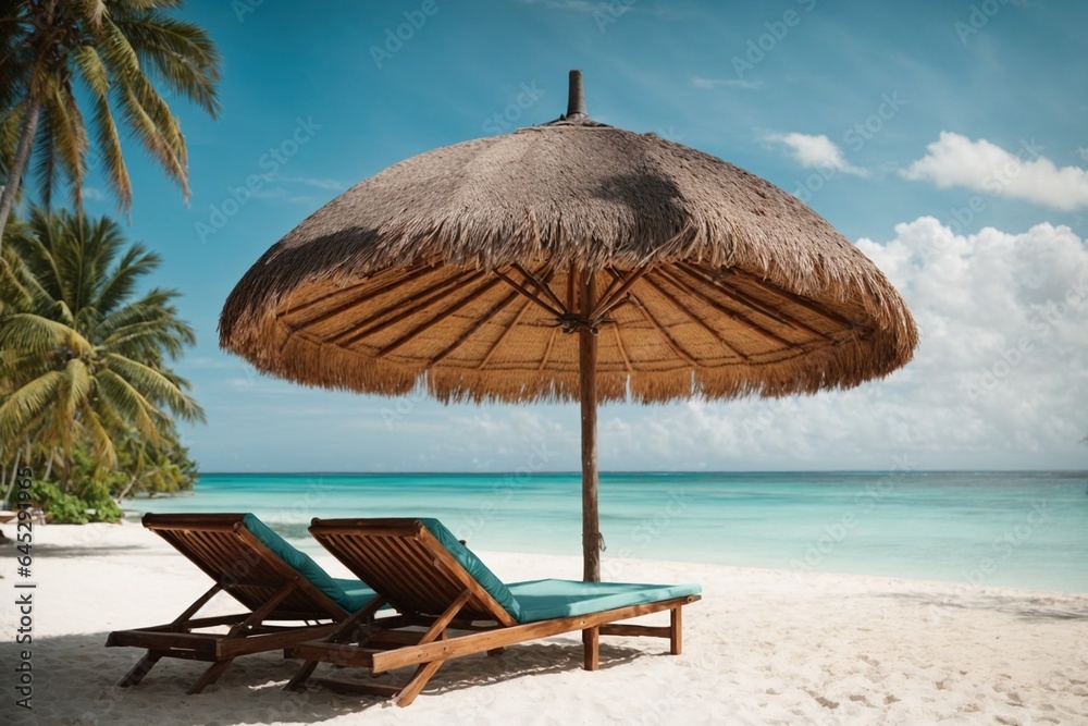 Obraz premium Beach chairs and umbrella on a tropical beach.