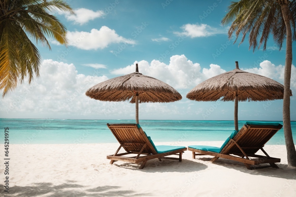 Beach chairs and umbrella on a tropical beach.