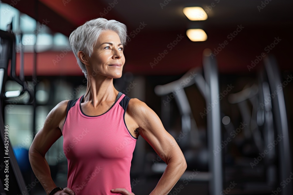 Close-up photo of a middle aged Caucasian woman in gym. Beautiful young female athlete bodybuilder, resting after the crossfit workout.