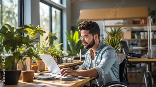 Disability person, young hispanic man at office. Generative AI