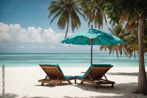 Beach chairs and umbrella on a tropical beach. © Viewvie