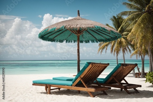 Beach chairs and umbrella on a tropical beach. © Viewvie