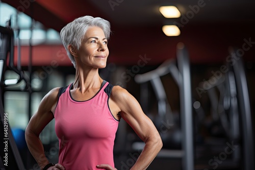 Close-up photo of a middle aged Caucasian woman in gym. Beautiful young female athlete bodybuilder, resting after the crossfit workout.