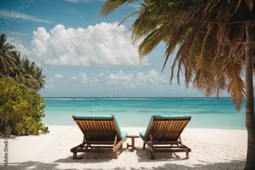 Beach chairs and umbrella on a tropical beach.