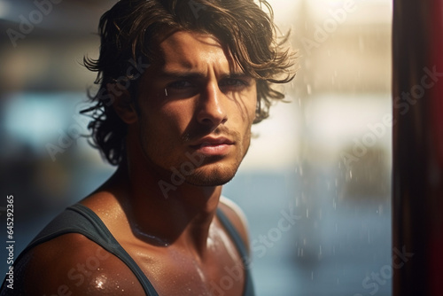 This portrait showcases a dashing surfer man against a blurred backdrop, highlighting his athleticism and passion for the sport.