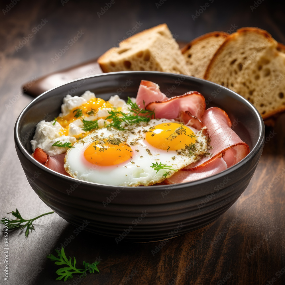 cottage cheese bowl with fried eggs and ham
